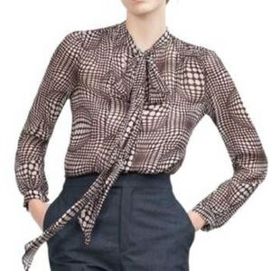 Zara| Sheer Plum/White Geometric Optical Patterned Silky Blouse Neck  Bow Sz XS